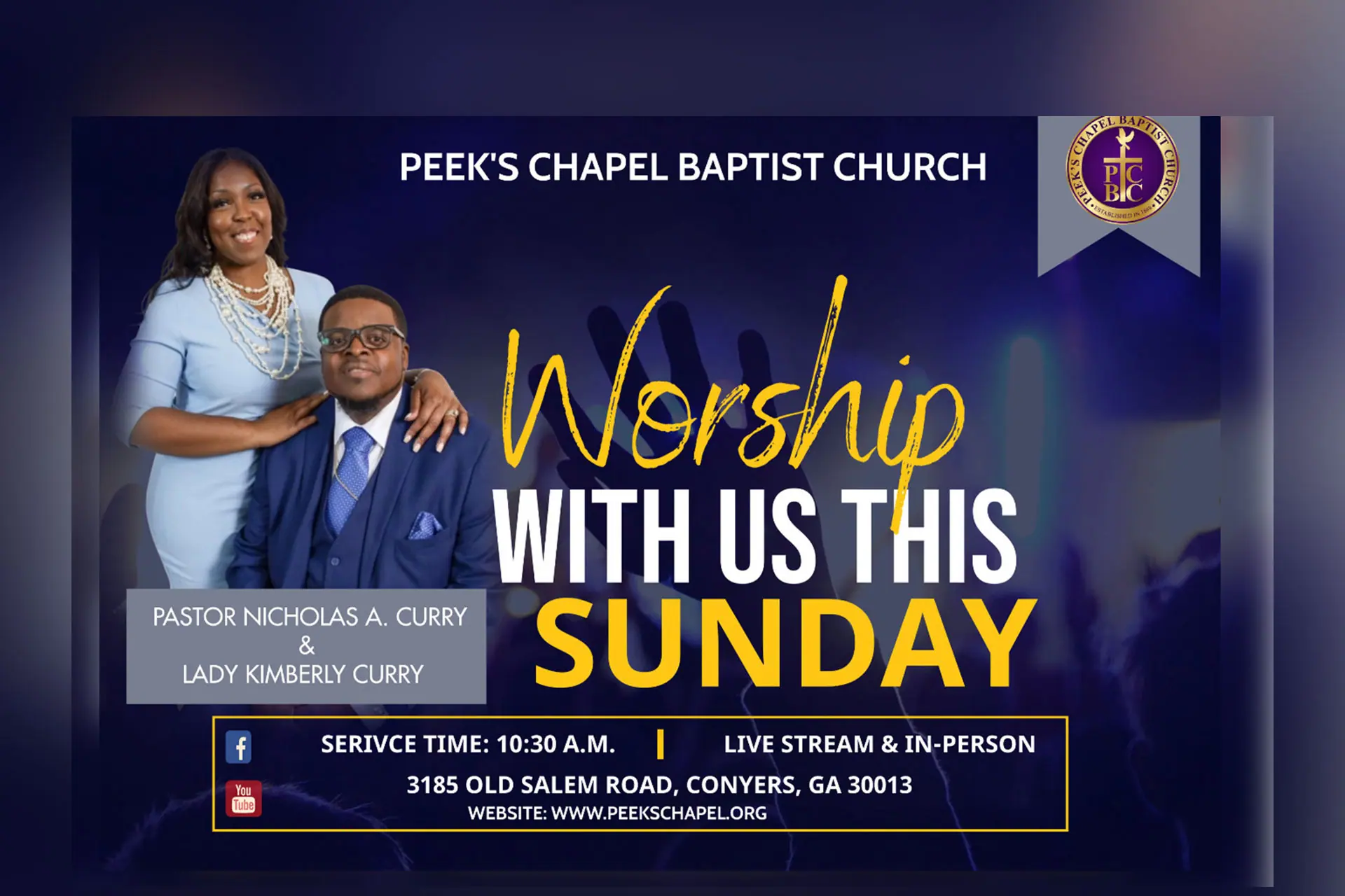 Worship with us this Sunday — service time 10:30 a.m., live stream and in-person, 3185 Old Salem Road, Conyers, GA 30013